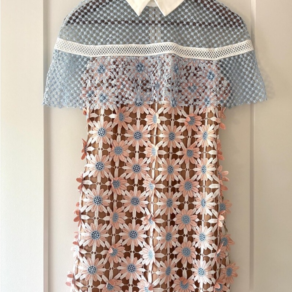 Self-Portrait Pink & Blue Lace Midi Dress - UK 8 / US 4 - Picture 2 of 10